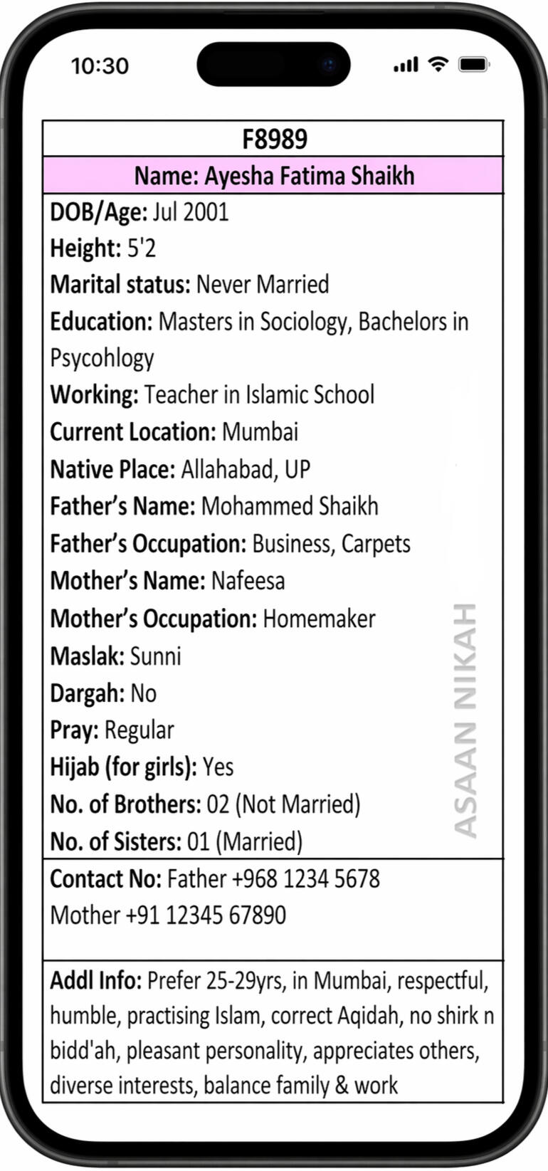Profiles include complete details with direct contact numbers for family communication.